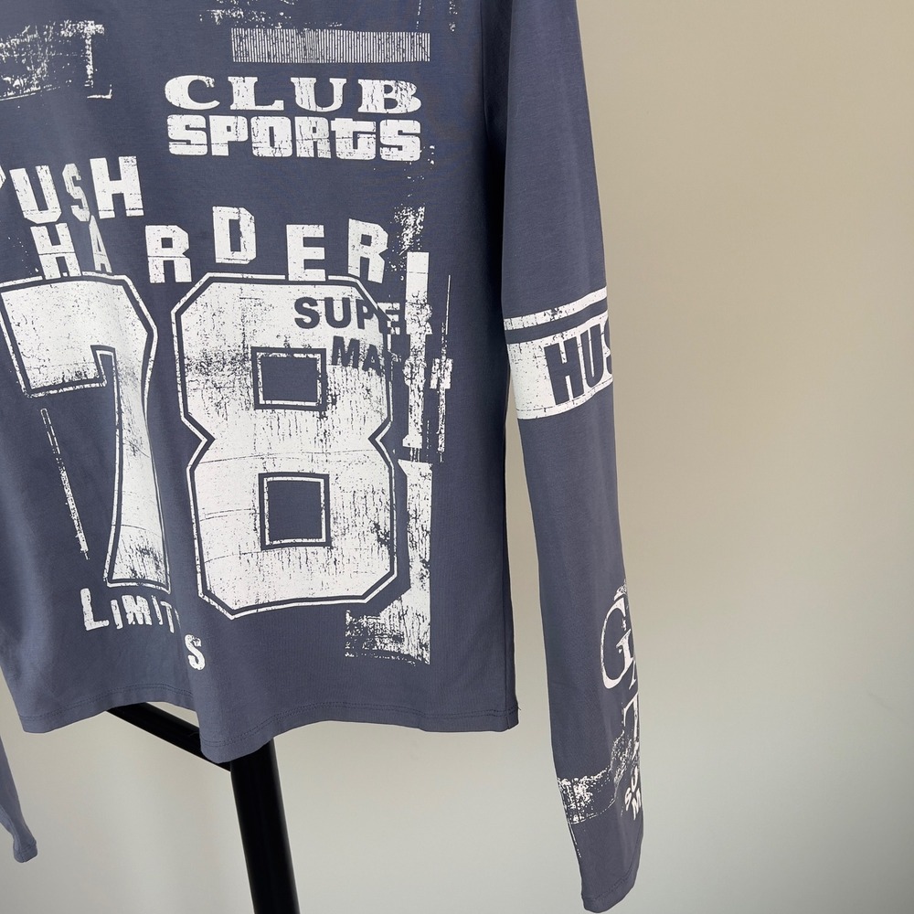 Homegirl Society XL Blue Gray Graphic Long Sleeve Tee Club Sports Push Harder 78 - Picture 3 of 8